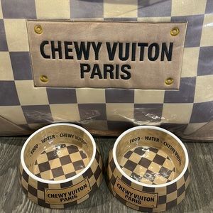 Chewy Vuiton Paris Checker Dog Bowls